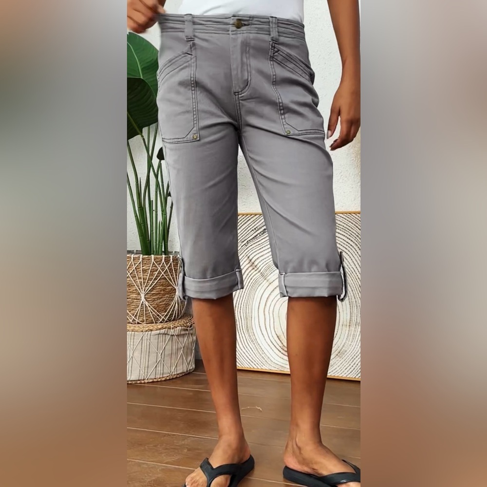 NEW - Flamingals Roll Hem Stitch Detail Mid Waist Capri Pants